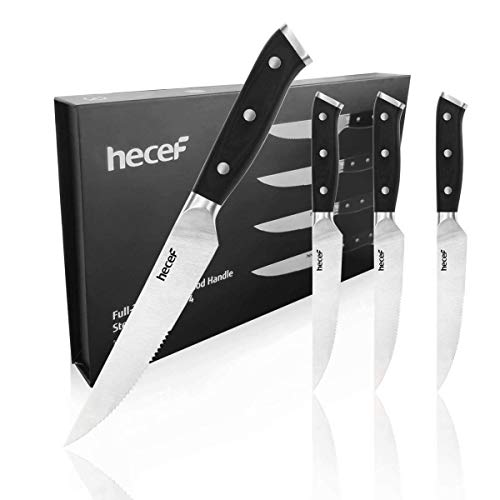 hecef Premium Steak Knife Set of 4-Half Serrated Steak Knife with Full-tang Blade and Triple Rivets in Pakkawood Handle,5 Inch