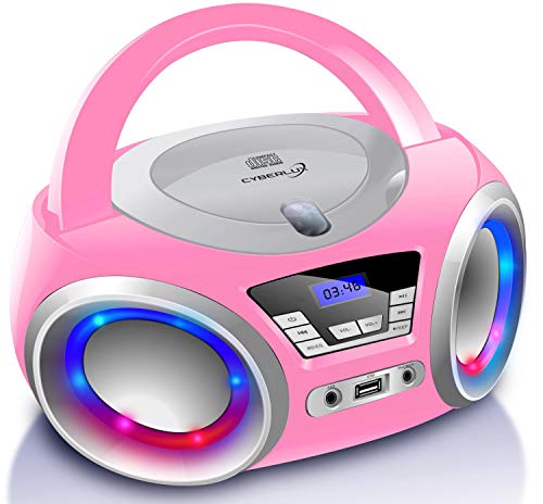 Cyberlux odtwarzacz CD z oświetleniem LED, gniazdo słuchawkowe, przenośne radio stereo, radio dla dzieci, system stereo, USB, odtwarzacz CD/MP3, radio FM, gniazdo słuchawkowe, wejście AUX, Pretty