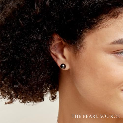 THE PEARL SOURCE 14K Gold Screwback 7.0-7.5mm Round Black Akoya Cultured Pearl Stud Earrings for Women - Thumbnail 3