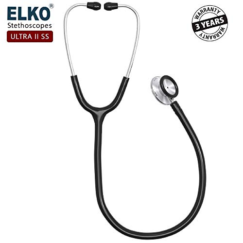 Image of ELKO EL-140 ULTRA II SS Stainless Steel Acoustic Stethoscope | For Doctors, Medical Students & Healthcare Professionals | Dual Head Chestpiece | 5.5mm Brass Pipe Frame | U-Shaped PVC Tubing (Black)