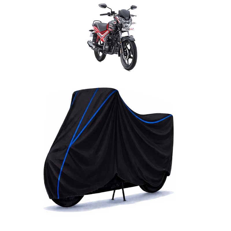 Image of TVS Star Bike Cover Water Resistant Universal Motorcycle Rain | Heavy Duty UV Protection, Dust, Scratch Indoor Outdoor All Weather with Black Blue Piping Elastic