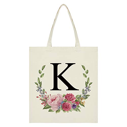 Personalized Tote Bag Floral Initial Canvas Tote Bag Bridesmaids Bags for Women, Monogram Bag for Bridesmaids Wedding Bachelorette Party (Letter K)