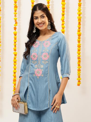 Image of Vbuyz Women Floral Embroidery Stylish A-Line Fandy Silk Kurta With Palazzo