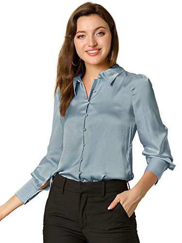 Allegra K Women s Satin Blouse Puff Sleeve Point Collar Vintage Button Up Shirt Large Dusty Blue