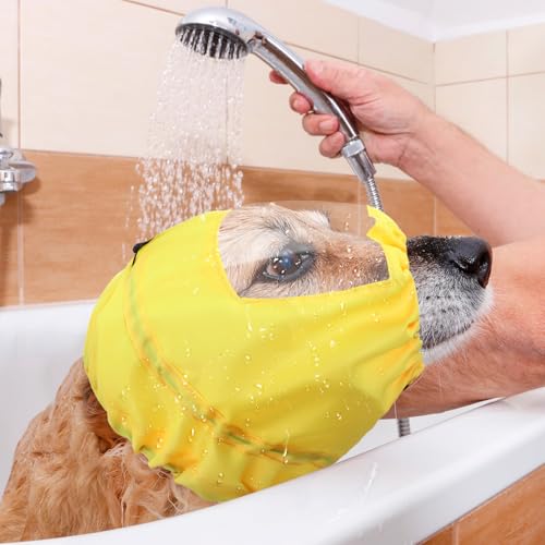 Image of Dog Ear Covers for Bath, Waterproof Dog Shower Cap, Dogs Ear Protection Bathing Cap, Ears Wrap Dogs Ears Headband for Swimming Bath (Yellow)