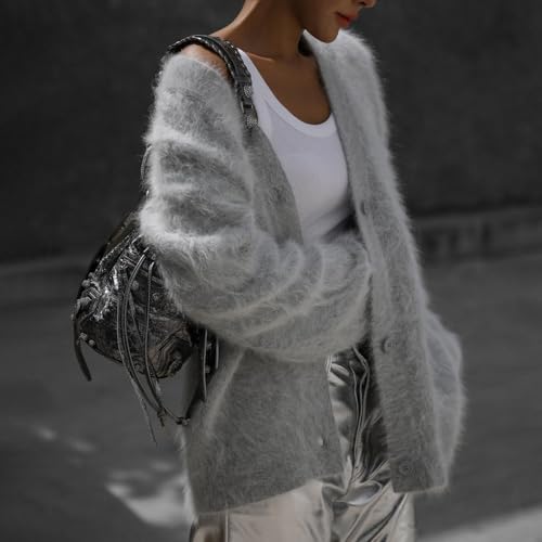 Image of chouyatou Women Furry Open Front Cardigan V-Neck Loose Casual Fluffy Knit Button Down Sweater Coat