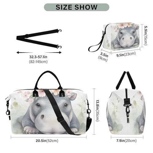 Large Travel Duffel Bag, Hippo Cute Garland Sport Tote Gym Bag, Shoulder Weekender Overnight Bag for Women Men, Carry On Luggage with Toiletry Bag3