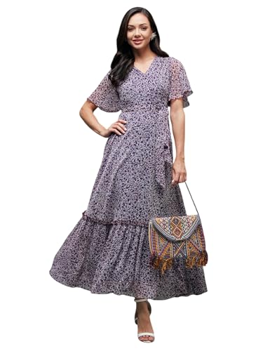 Image of Miss Chase Women's Multicolored-Base-Brown Relaxed Fit Maxi Lurex Chiffon Dress