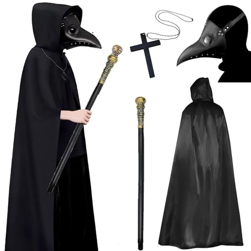 Aleshime Plague Doctor Costume Set - Plague Doctor Mask, Hooded Cloak, Cane & Cross Necklace, Scary Halloween Costume for Men Women Adults