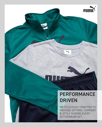 PUMA Boys Pants Set - 3 Piece Athletic T-Shirt, Zip Up Jacket, Jogger Pants - Boys Activewear Tricot Jogset (8-16), Size 14-16, Light Grey/Green