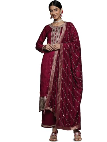 Image of Libas Womens Embellished Silk Blend Straight Kurta With Palazzos and Dupatta