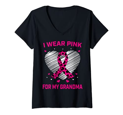 Womens Pink Grandma Breast Cancer Awareness Cheetah Heart Graphic V-Neck T-Shirt