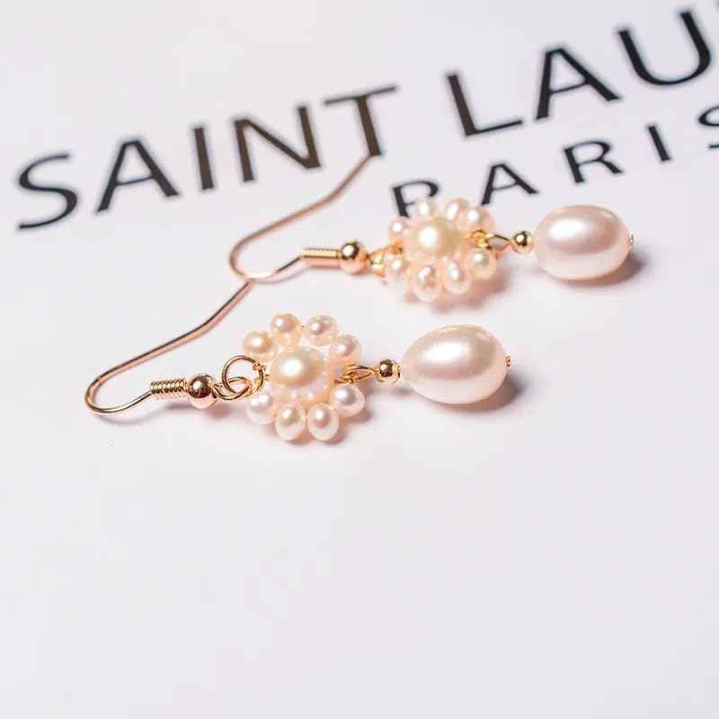 Pendientes de perla de agua dulce plateados en oro de 14K - Diseño de aro de gota tejido a mano, pendientes delicados, elegantes y ligeros para uso diario