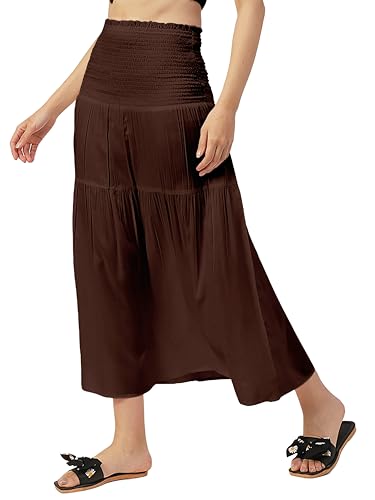 Women Solid Viscose Rayon Casual Skirt, High Waist Smocked Midi Skirt
