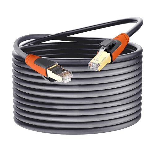 Plusivo Cat8 Ethernet Cable, Outdoor Indoor, 40FT Heavy Duty High Speed 26AWG, Weatherproof S/FTP UV Resistant for Router, Modem, PC, Gaming Ethernet Patch Cable Gray Color