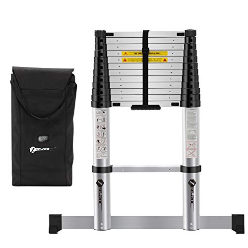 ZeeDix 12.5 FT Multi-Purpose Aluminum Telescoping Ladder- Upgrade One Button Retraction Safety Home Foldable Durable Stair for RV, Truck, Trailer, Ceiling, Roof Working, 330 lbs Capacity