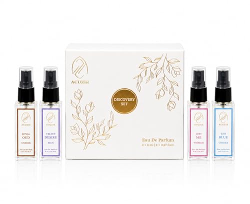 Image of Perfume Discovery Set for Men & Women (4 x 8ml) | Mini Perfume Trial Pack with Royal Oud, The Blue, Velvet Desire & Just Me EDP | Long Lasting Fragrance Gift Set & Travel Kit for Unisex