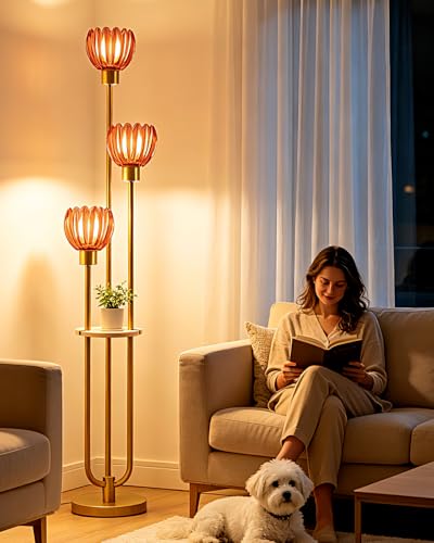 Image of Lightdot 3-Lights Glass Floor Lamp for Living Room Modern Gold Floor Lamps with Lotus Deep Red Glass Shade& Bulbs Included for Wedding /Party Tall Standing Lamp for Bedroom /Sofa Beside /Corner Decor