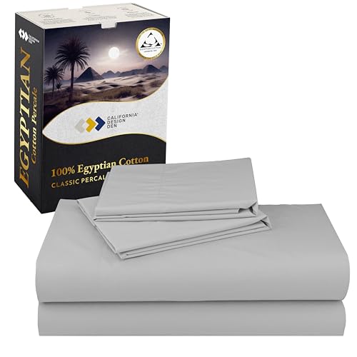 California Design Den Certified 100% Egyptian Cotton Sheets Queen Size Bed Set - Queen Sheet Set Percale with Deep Pockets, Lightweight, Crisp, Cool & Durable Luxury Bedding - Light Grey