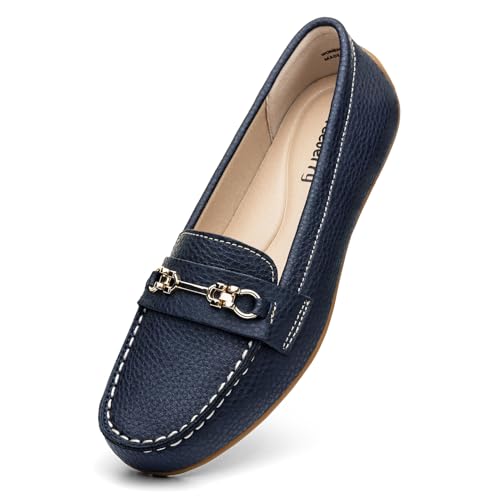 Freeberry Loafers for Women Comfort Leather Loafers Cute Slip On Business Casual Dress Shoes Lightweight Work Flats Driving Mocs Walking Shoes for Women, Navy, 8 M US