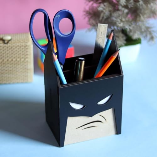 Image of Zesta Wooden Desk Organizer Pen Stand Remote Holder Card Slot | Table Accessory Office Desk Study Room | Pencil Storage Stand Stylish Workspace Decor (Black Man)