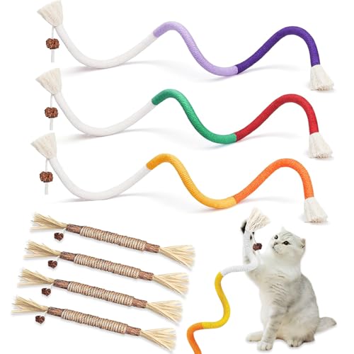 soodyoow Giochi per Gatti, 3 Corda da Mordere e 4 Bastoncini Erba Gatta, Giocattolo da Masticare, Interattivi Giochi Gatto, per La Cura Dentale, Pulire La Bocca
