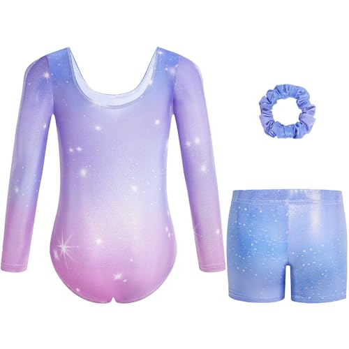 Gogokids Mädchen Dreiteilige Gymnastikanzüge, Langärmliges Gymnastik Set mit Shorts und Haarband, Glitzernde Balletteinheitstrikots - Gymnastik Outfit mit Farbverlaufdesign für 6-7 Jahre