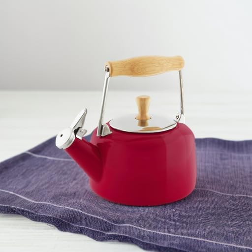 Miniatura 5 de Chantal SVEN - Tetera silbante esmaltada sobre acero con mango de madera natural, 1.4 cuartos de galón, color rojo manzana