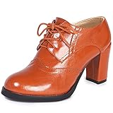 Odema Womens PU Leather Oxfords Brogue Wingtip Lace Up Dress Shoes Chunky High Heels Pumps Oxfords Brown