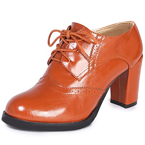 Odema Women Brogue Pumps Wingtip Lace-Up High Heel Oxfords Shoes Ankle Boots Brown