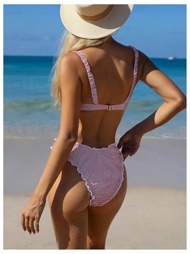 SOLY HUX Women's Striped Bathing Suit Frill Trim Underwire Bikini Set Beach Two Piece Swimsuit2