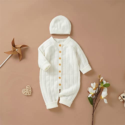 Newborn Infant Boy Girl Solid Knitted Sweater Baby Jumpsuit Romper Cotton Caps Outfits Sets Clothes Baby Boy Sweater Vests (White, 3-6 Months) #TOP3