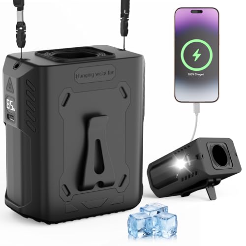 Godboat Portable Waist Fan Clip on, 5-Speed 11000RPM Personal Cooling Fans,10000mAh Rechargeable, up to 24H with LED Light, Shirt Belt Neck Wearable, Fathers Day Men Gifts, Camping Gadgets, Black
