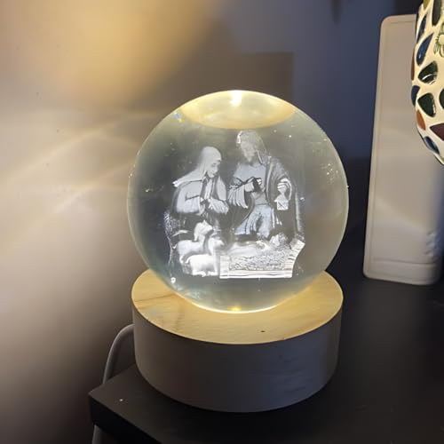 Image of 3D Crystal Ball Night Light with Wooden Base, Aesthetic Clear LED Lamp for Home and Bedroom Touch Switch, Warm Light for Kids and Teens Perfect Birthday & Anniversary (Birth of Jesus Christ)
