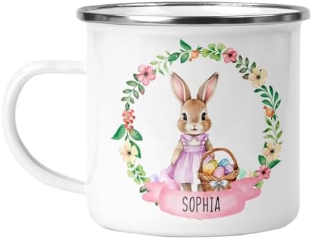 Personalised Pink Easter Bunny Enamel Mug with Name - Custom Girls Easter Cup - Cute Kids Hot Chocolate Mug - Easter Gift for Girls - Egg Hunt Keepsake - Bunny Mug for Children (Enamel, Pink) - View 3