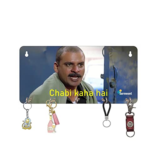 Image of Gangs of Wasseypur Key Holder - inchChabi Kaha Hai? inch Quote | Wooden Wall Mounted Organizer with 6 Hooks | Movie Merchandise Gift for Bollywood Fans | Surmount Gifting (30x10 cm)