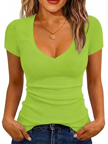 Image of Albe Rita Women Short Sleeve T-Shirt Cap V Neck Shirts for Women Ribbed Casual Top Knit Slim Fit for Summer