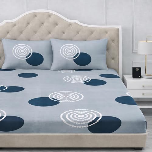 Image of 300 TC Cotton Feel Glace Cotton Elastic Fitted Bedsheet for King Size Double Bed | Fits up to 8 Inch Mattress | Printed Bedsheet with 2 Pillow Covers (Gray Gola, Queen Size - 60 inchx78 inch)