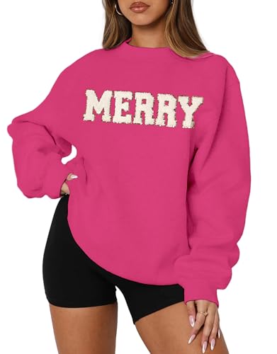 MAPICK Merry Sweatshirt for Women Christmas Fleece Linend Sequin Sweaters Crewneck Oversized Long Sleeve Pullover Tops(Rose Pink,Small)