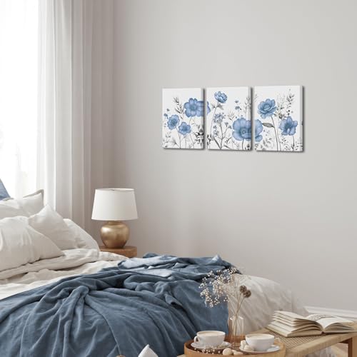 sechars Blue Flower Canvas Wall Art Vintage Floral Painting Pictures Decor Modern Blue and Grey Bedroom Bathroom Decoration (Blue) by sechars - Used condition - Image 5