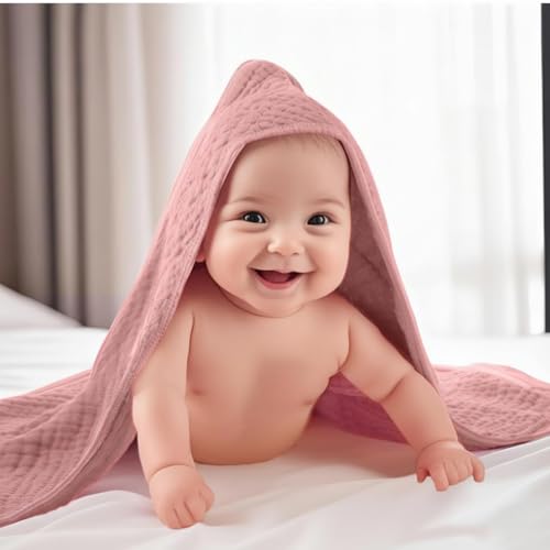 Image of VitalCozy 8 Pcs Baby Muslin Hooded Bath Towels and Washcloths, Muslin Hooded Baby Towels Absorbent Blankets for Gift Newborn Infant Shower (Pink,Purple)