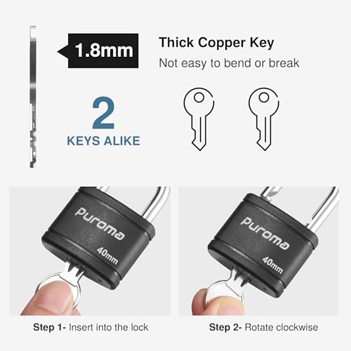 image for Puroma Keyed Padlock with 2 Keys Alike, 7/8 Inch Locker Lock 40mm Heav