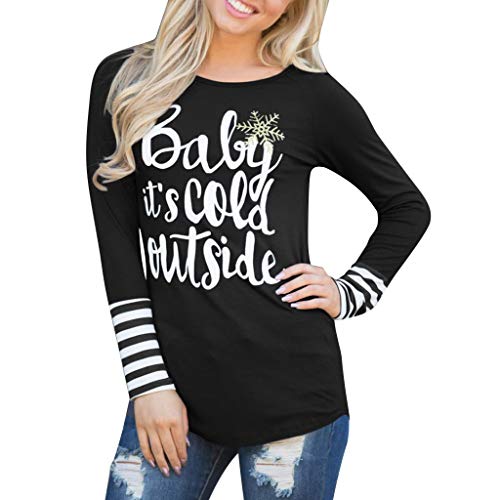 Women T-Shirt Blouse Baby It's Cold Outside Christmas Snowflake Funny O-Neck Tops Long Sleeve Baseball Tee Black