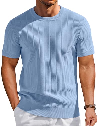 COOFANDY Mens T Shirts Casual Stylish Short Sleeve Dress Shirts Crewneck Knit Sweatshirts, Light Blue