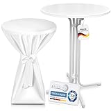 Beautissu Weißer Outdoor Stehtisch klappbar mit Husse 80 cm Weiß – Wetterfester Partytisch Sylt + Premium Stehtischhusse – Platzsparender Bistrotisch Gastro-Qualität TÜV Made in Germany
