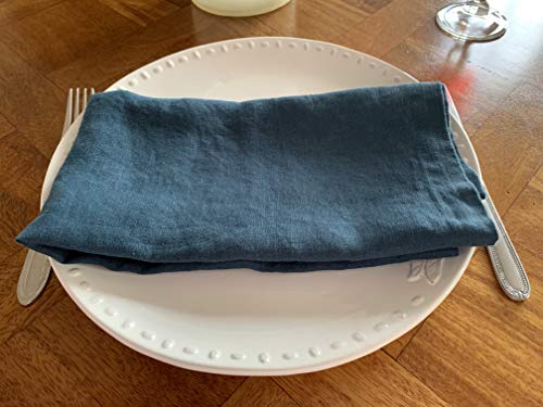 Eight Owls Linen Napkins – 100% French Flax – Stonewashed Pure Linen Cloth Napkins – Mitered Corners – Set of 4 (Dark Teal Blue)