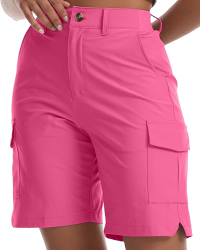 Yoglegins Womens Lightweight Hiking Cargo Shorts for Running Athletic Camping Travel Golf - Water Resistant with 5 Pockets(Hot Pink Large)