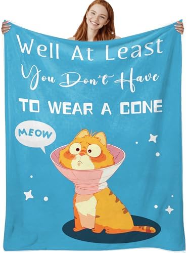 Get Well Gifts for Women, Get Well Soon Gifts for Women After Surgery Funny Blanket, Get Well Gifts for Men, Get Well Blanket & Throw, at Least You Dont Have to Wear A Cone Blanket (Blue Cat, 50x60")