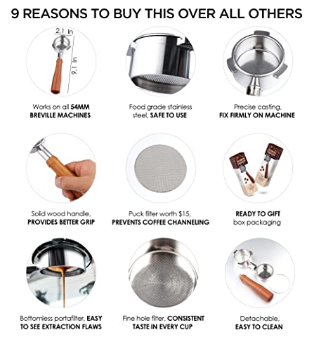 54mm Bottomless Portafilter 54mm Breville Compatible 54mm Portafilter with Puck Filter for All 54mm Breville Barista Espresso Coffee Machines Express Bambino Touch Pro Infuser Filter Basket Included - Thumbnail 7