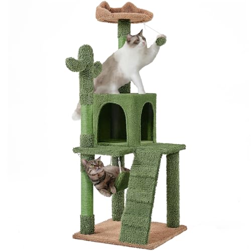 Yaheetech Cactus Cat Tree, 135cm Cat Tower for Indoor Cats, Cat Scratching Post with Large Condo, Climbing Board, Hammock, Dangling Ball, Activity Centre Cat Climbing Tree Cat Furniture, Green/Brown